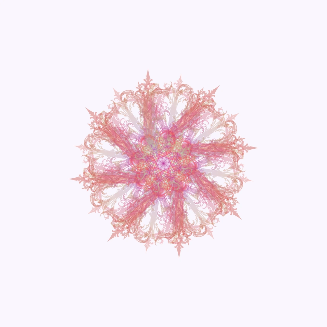 LOVEの文字が描く、淡いピンクとラベンダーの32枚の花弁の紋章