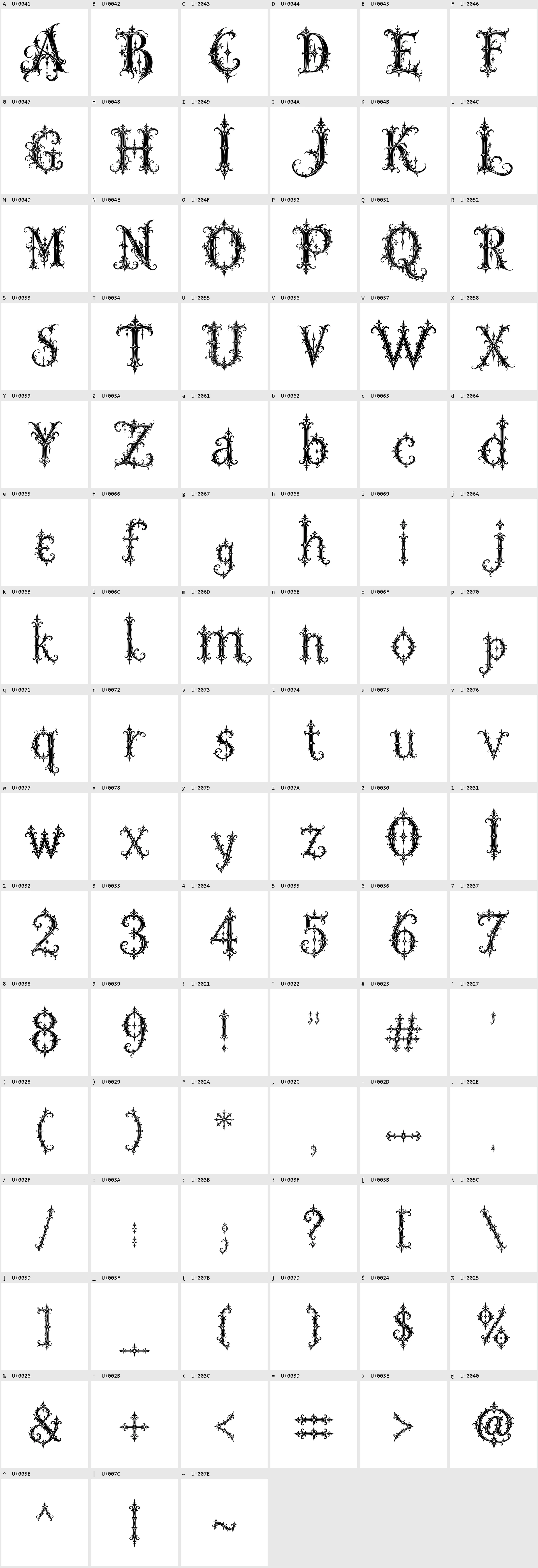 Heritage Spire制作候補版の全グリフ一覧。大文字、小文字、数字、記号。画像を開くと拡大できます。